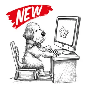 Cartoon of a dog at a computer - Digital Packages Doodle